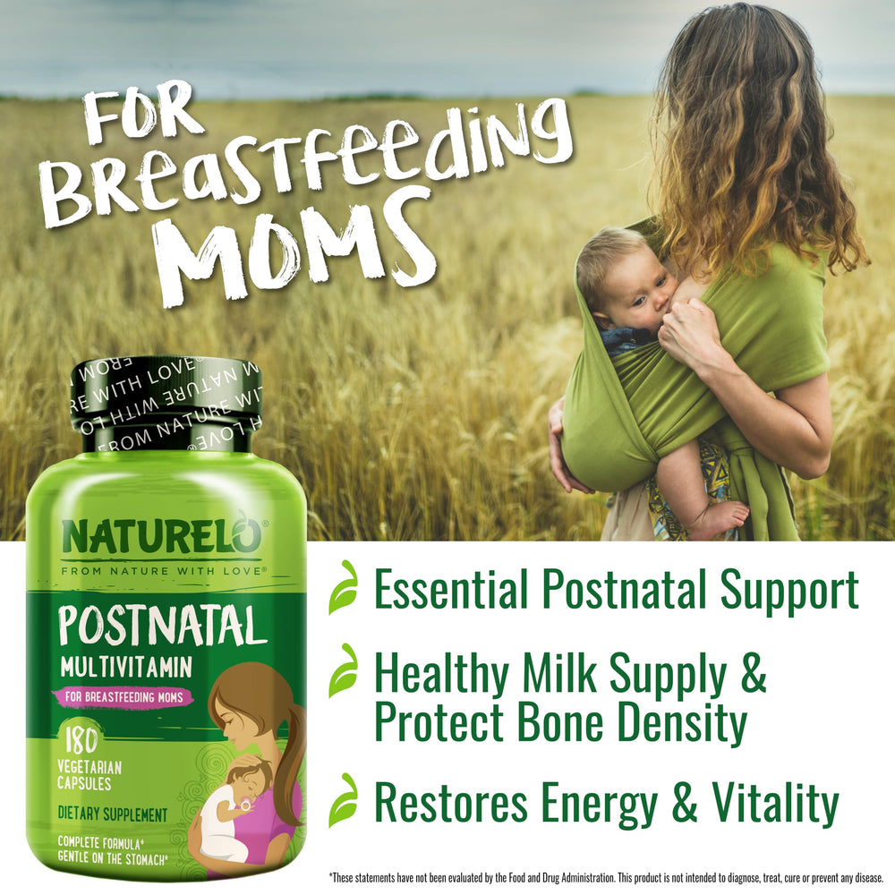 Clean-label icons on Naturelo Postnatal Multivitamin indicating vegan and non-GMO.