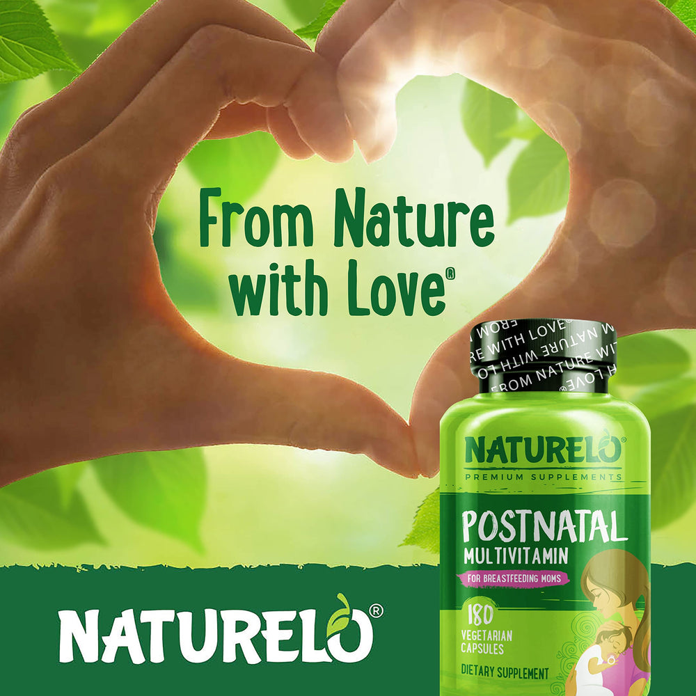 Naturelo Postnatal Multivitamin bottle with baby items to illustrate nursing use.