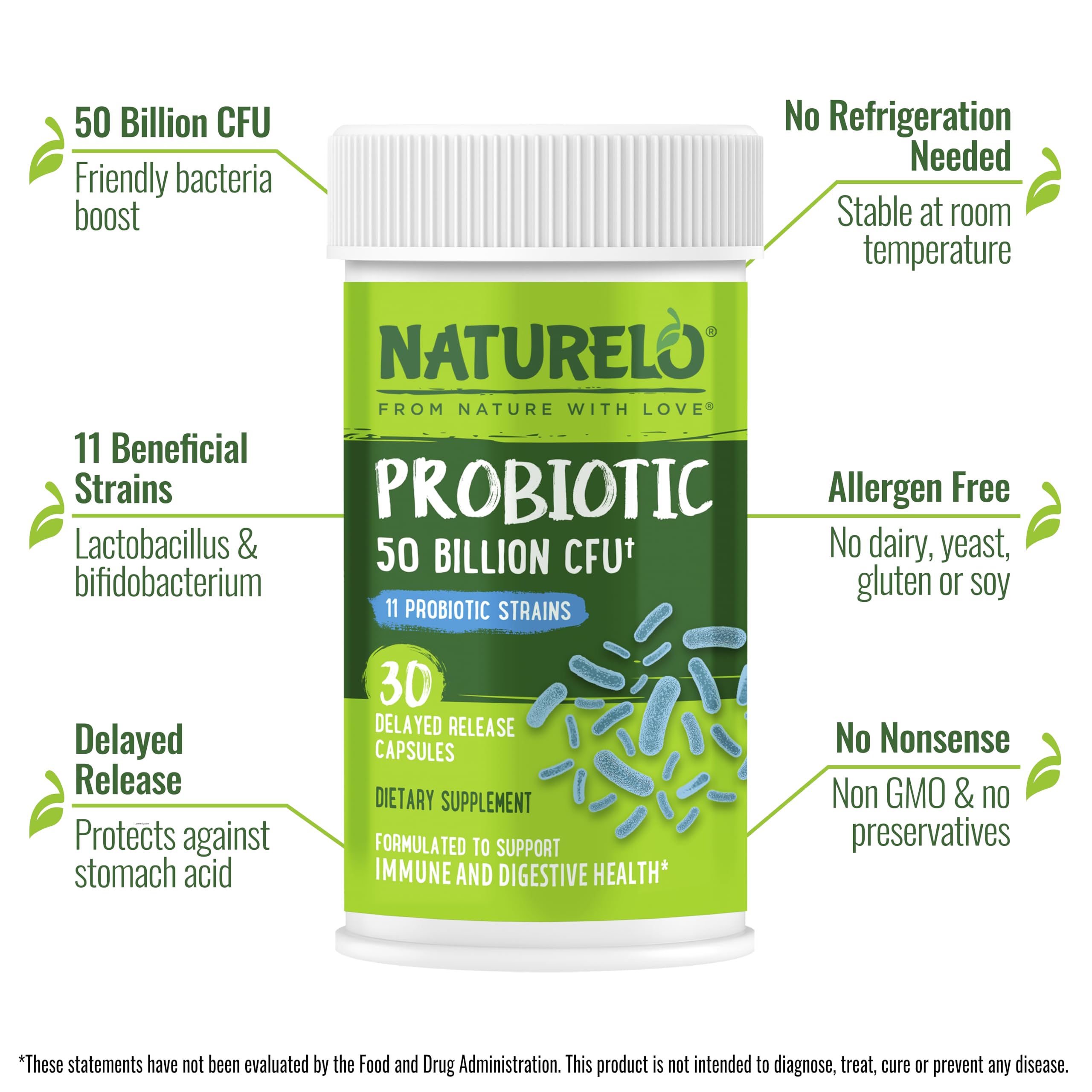 NATURELO Probiotics bottle back label with ingredients and directions for vegan, non-GMO formula.