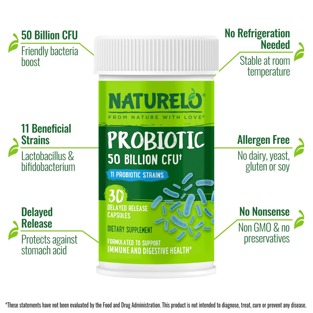 NATURELO Probiotics bottle back label with ingredients and directions for vegan, non-GMO formula.