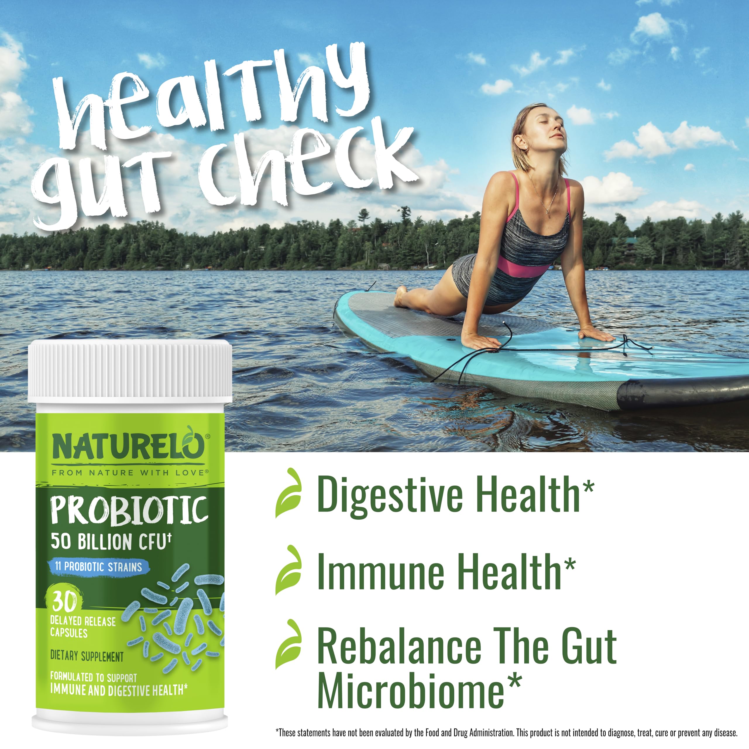 NATURELO Probiotics delayed-release capsules in focus, underscoring stomach acidity protection.