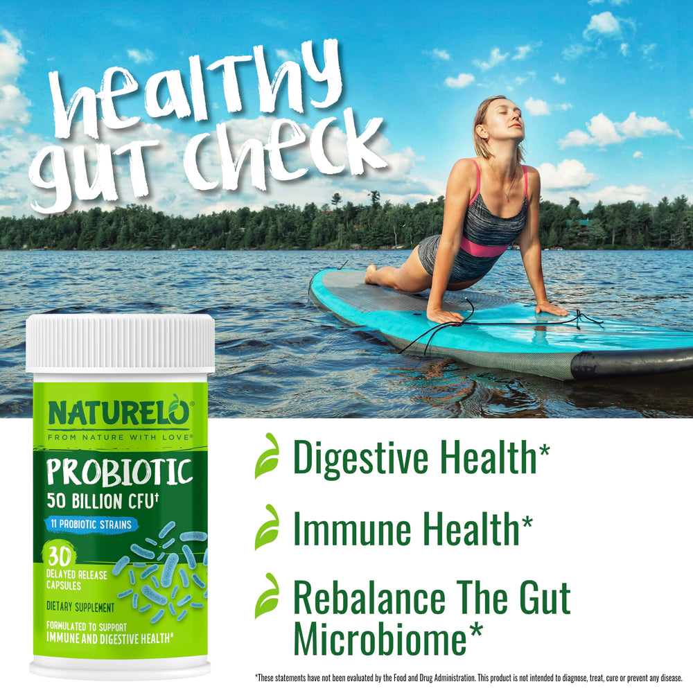 NATURELO Probiotics delayed-release capsules in focus, underscoring stomach acidity protection.