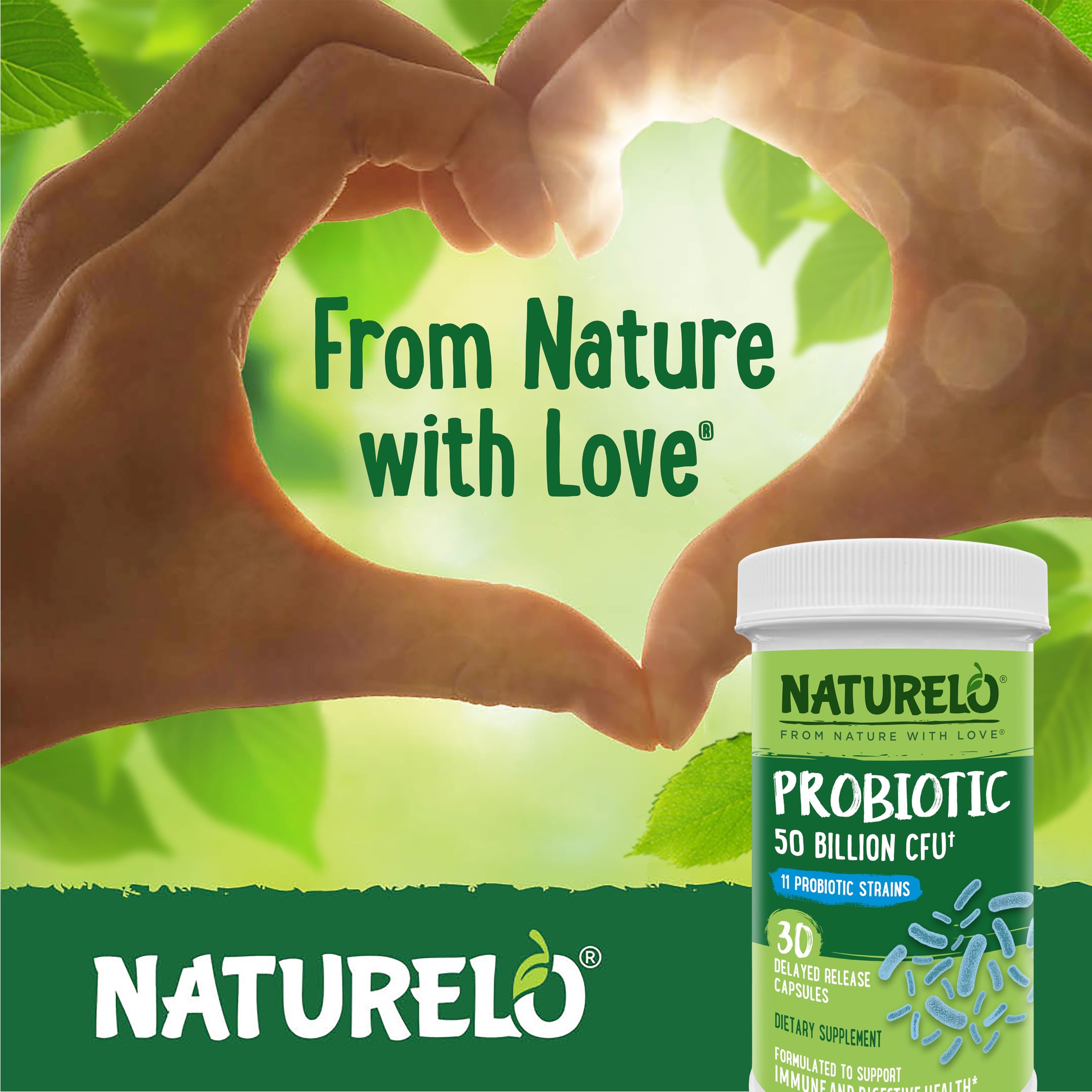 NATURELO Probiotics in-use glass with capsules, suggesting daily routine.
