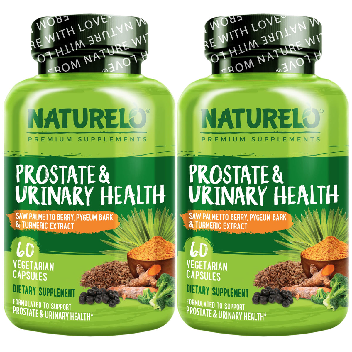 NATURELO Prostate & Urinary Health bottle highlights vegan formula for daily urinary support.