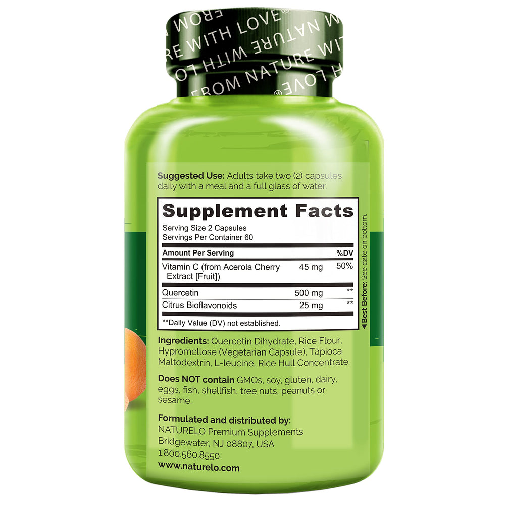 Naturelo Quercetin bottle label close-up, highlights enhanced absorption