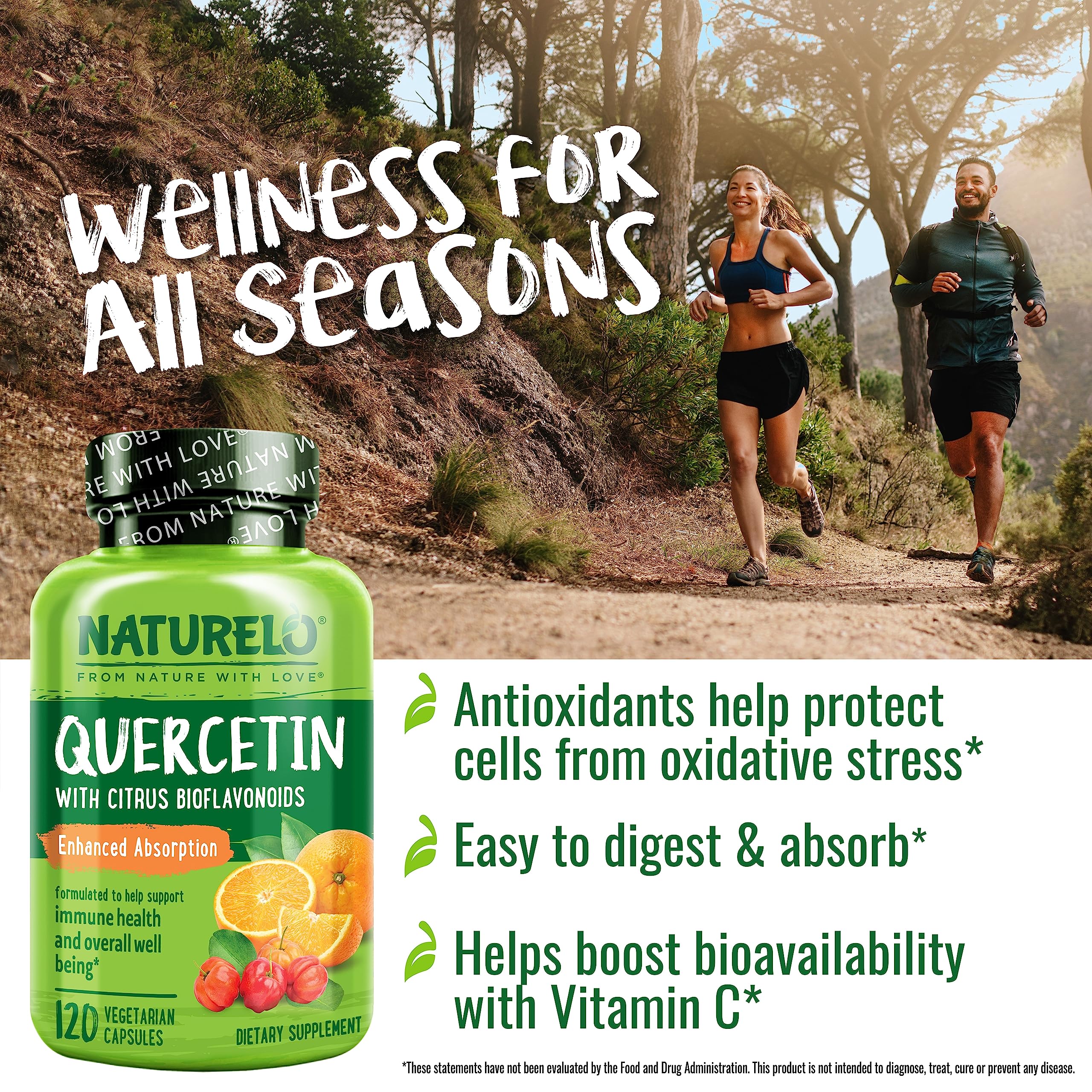 Naturelo Quercetin bottle on kitchen counter with citrus imagery, plant-based daily vitality
