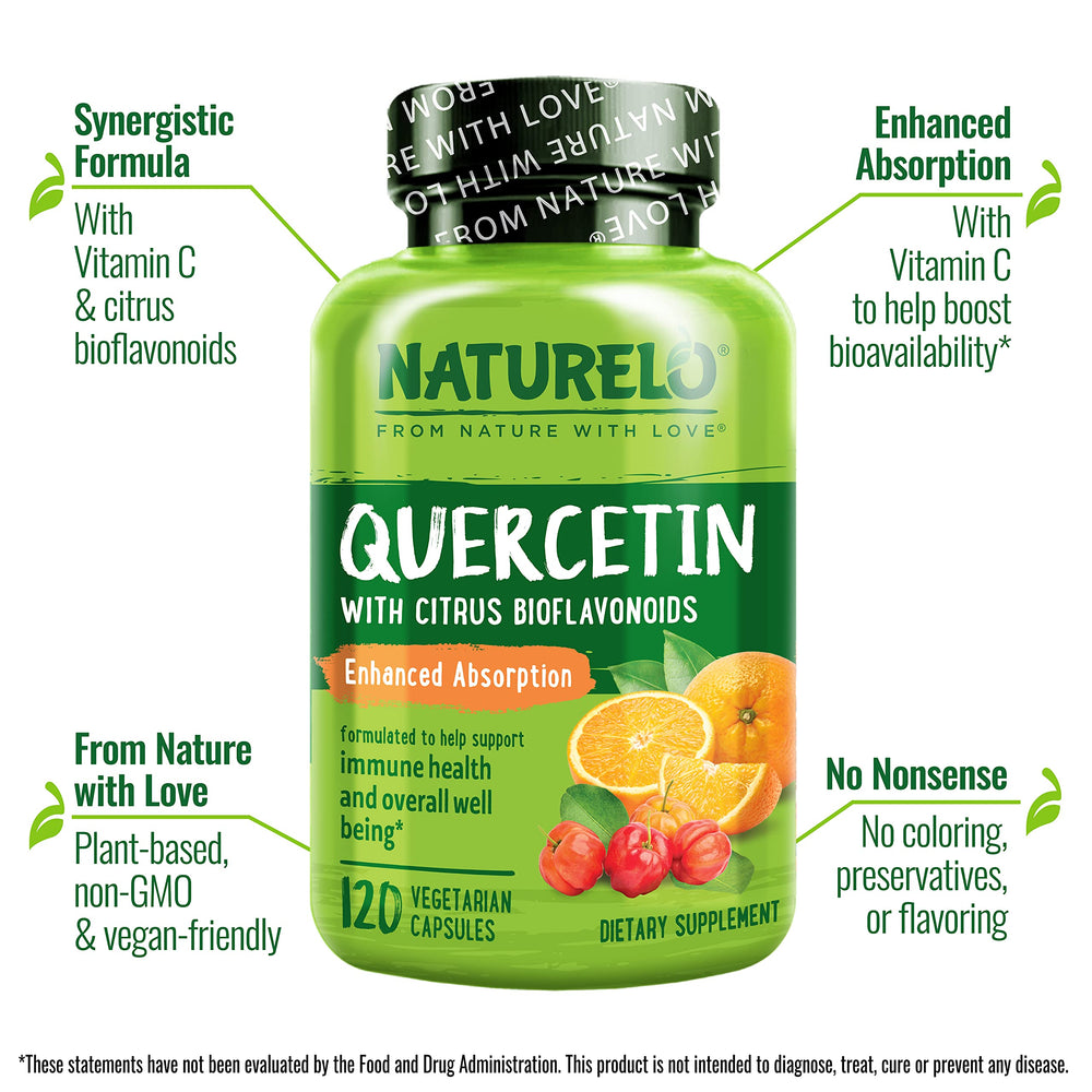 Naturelo Quercetin capsules being dispensed, convenient daily dose