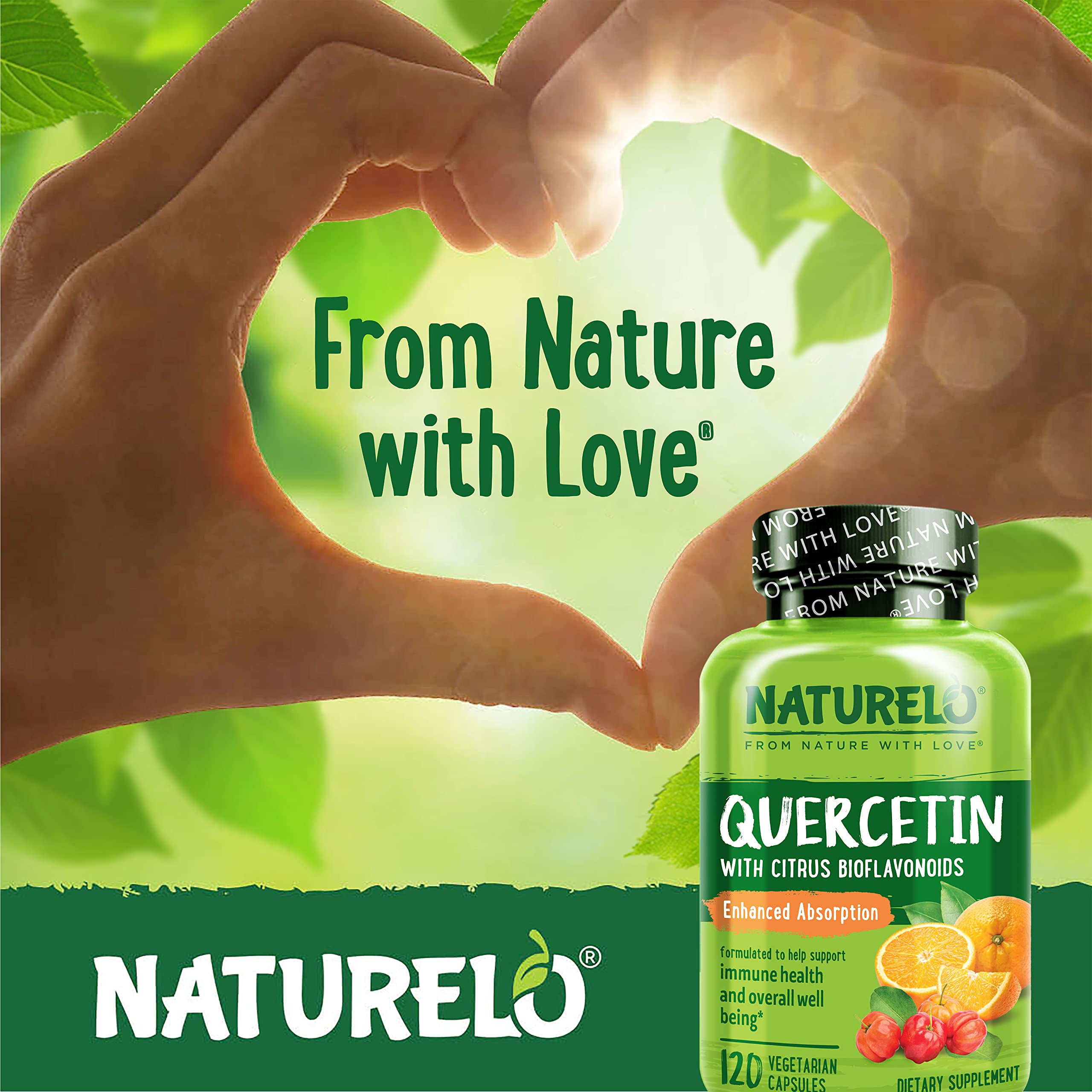Naturelo Quercetin bottle beside glass of water, convenient daily supplementation