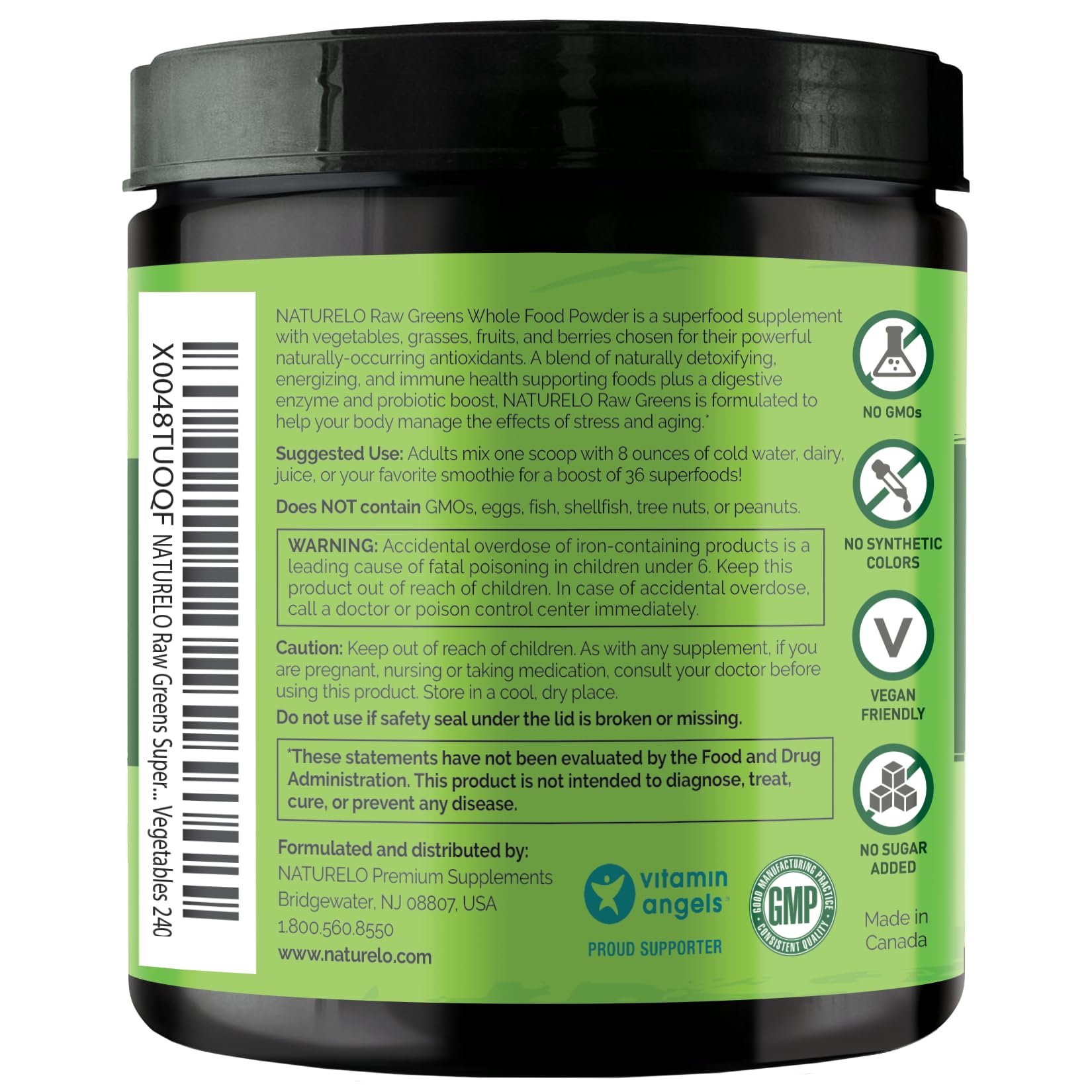 Label close-up showing 36 superfoods and organic blends featured.