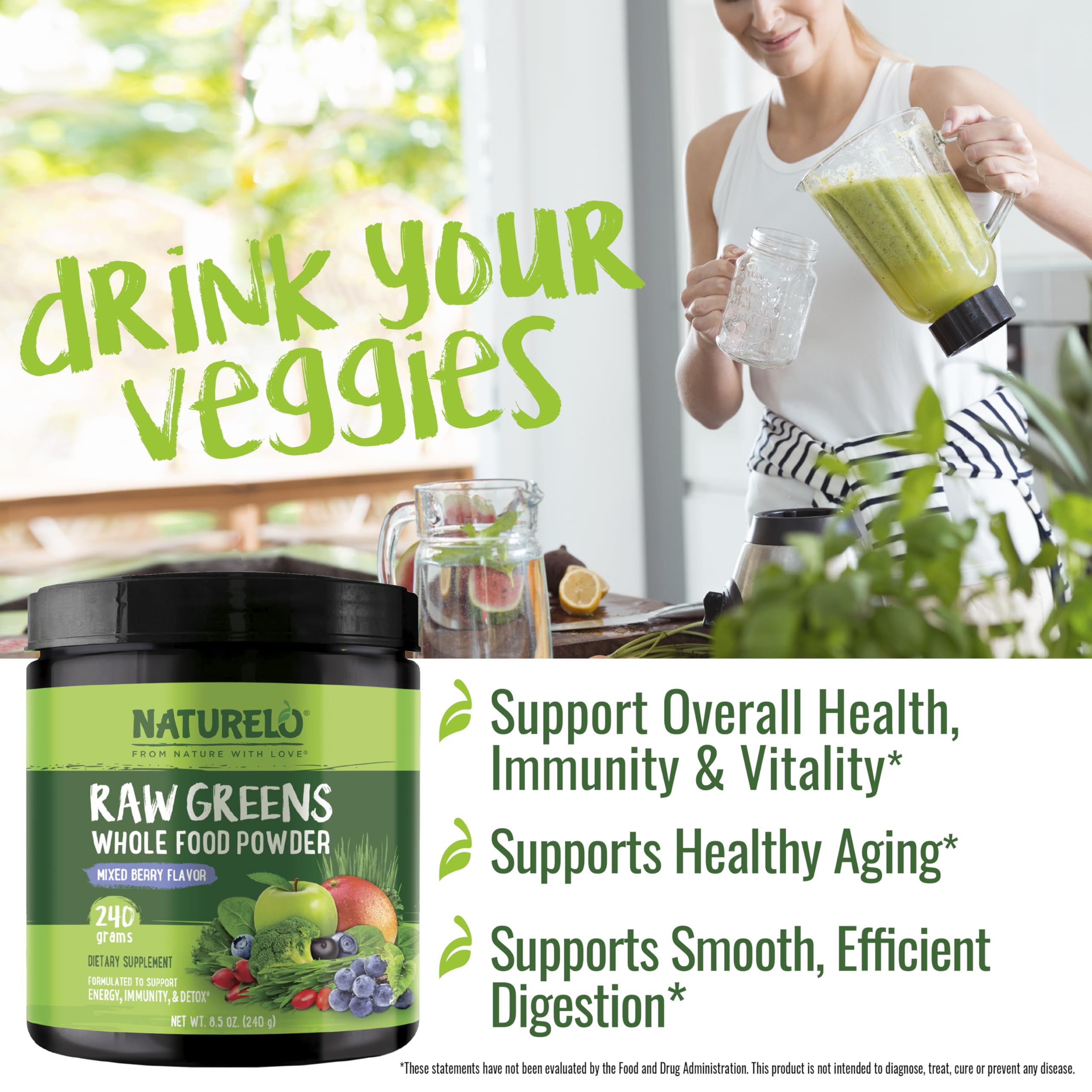 Assorted berries and greens visible beside Naturelo jar, suggesting antioxidant-rich mix.