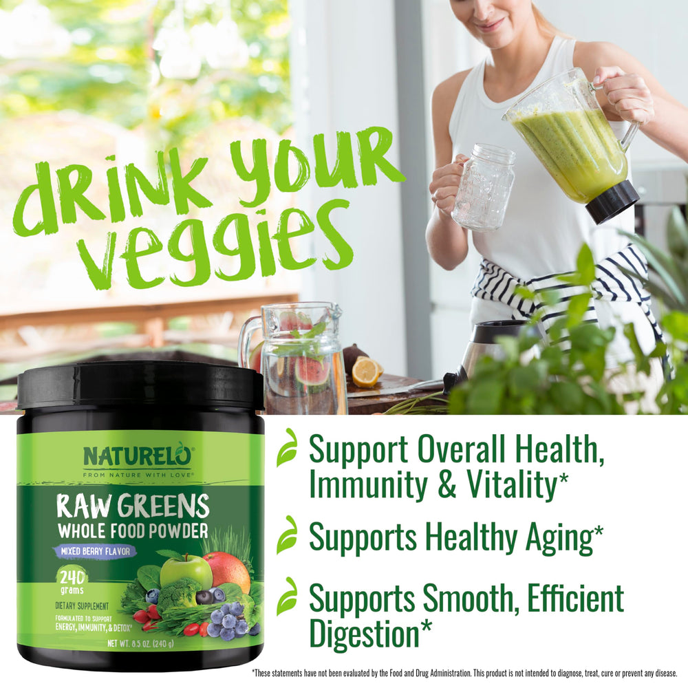 Assorted berries and greens visible beside Naturelo jar, suggesting antioxidant-rich mix.