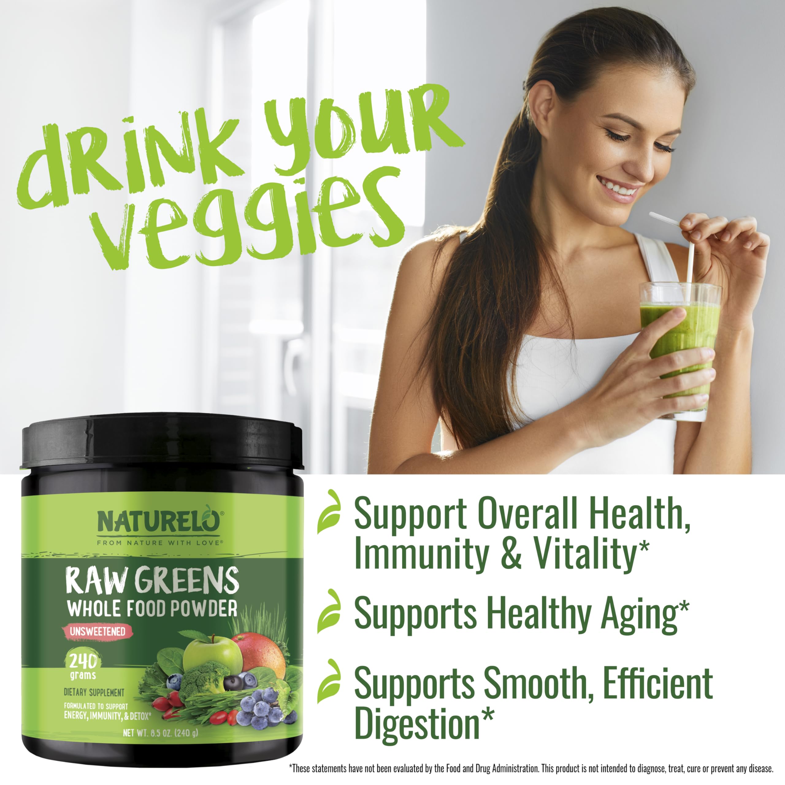 Naturelo Raw Greens bottle closeup showcases quality ingredients.