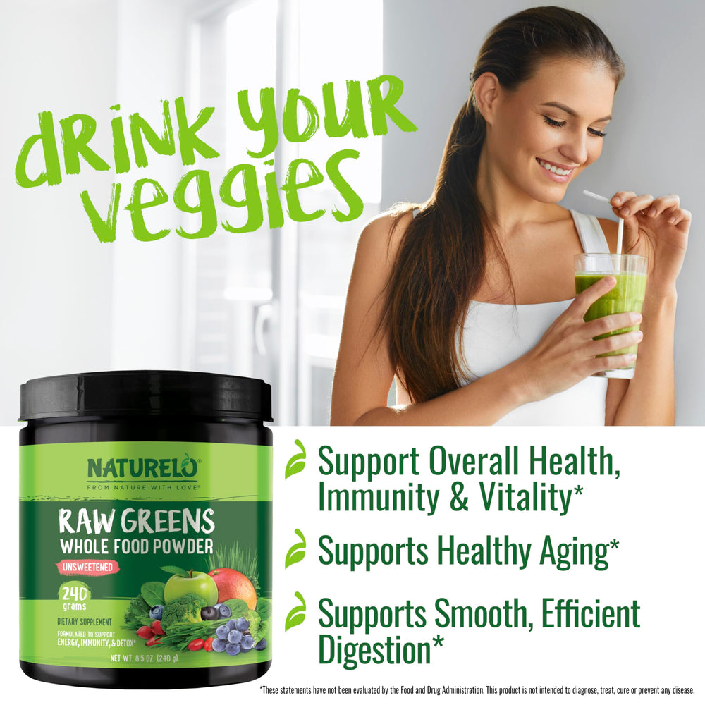 Naturelo Raw Greens bottle closeup showcases quality ingredients.