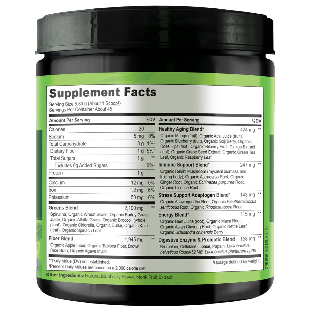 Front view of mixed berry flavor jar showcasing monk fruit sweetening and allergen-free formula.
