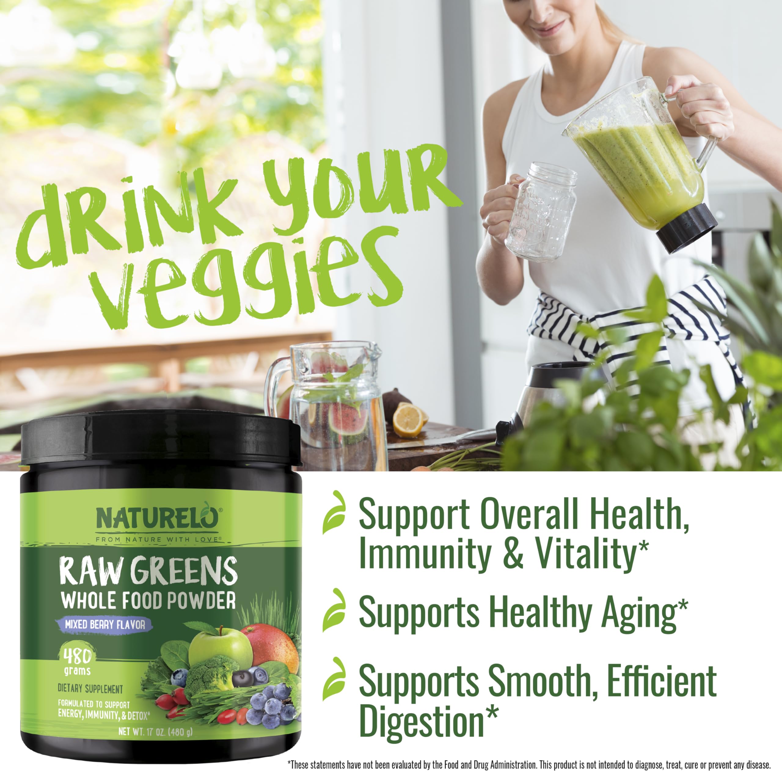 Naturelo Raw Greens powder poured into a glass with fruit for a health boost