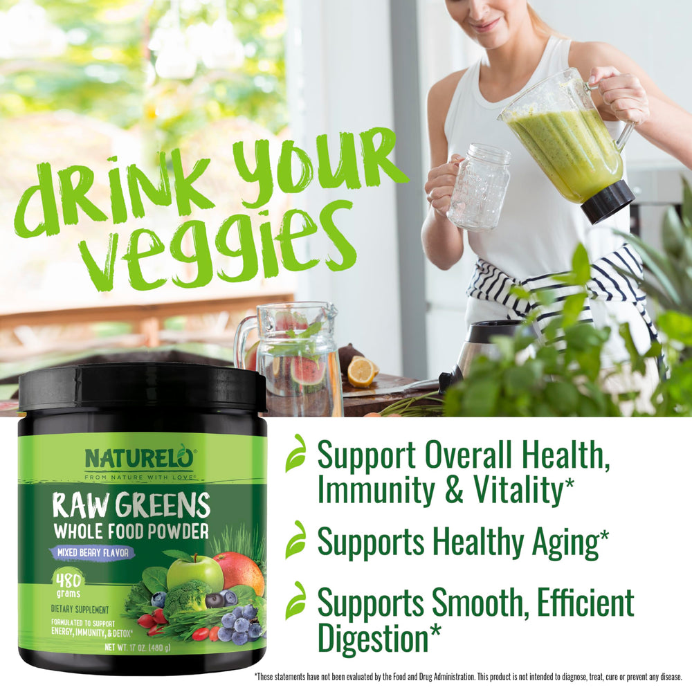 Naturelo Raw Greens powder poured into a glass with fruit for a health boost