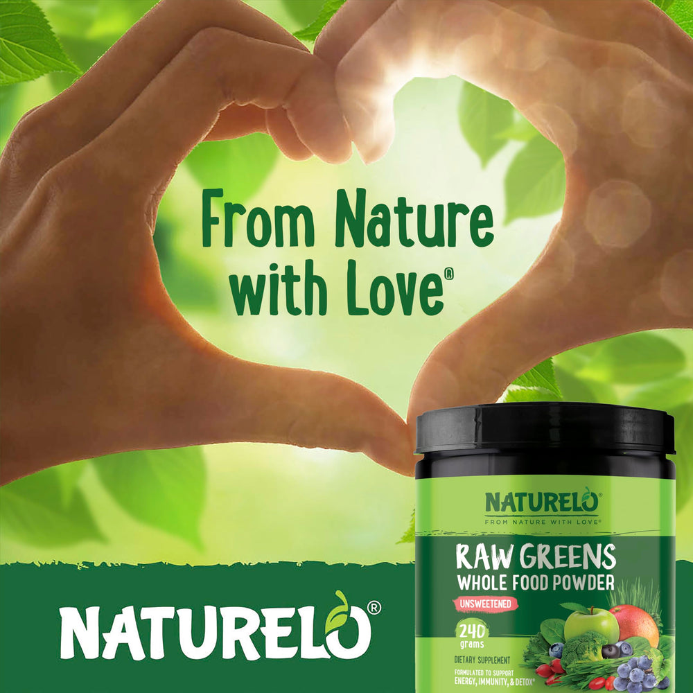 Naturelo Raw Greens leaf closeup reveals fresh greens and color.
