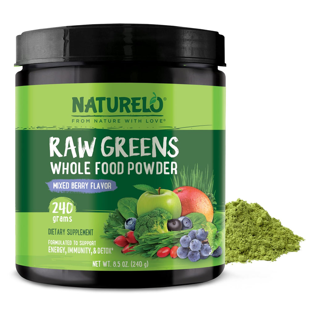 NATURELO Raw Greens bottle with label, convenient daily greens for energy and immune support.