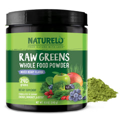 NATURELO Raw Greens bottle with label, convenient daily greens for energy and immune support.