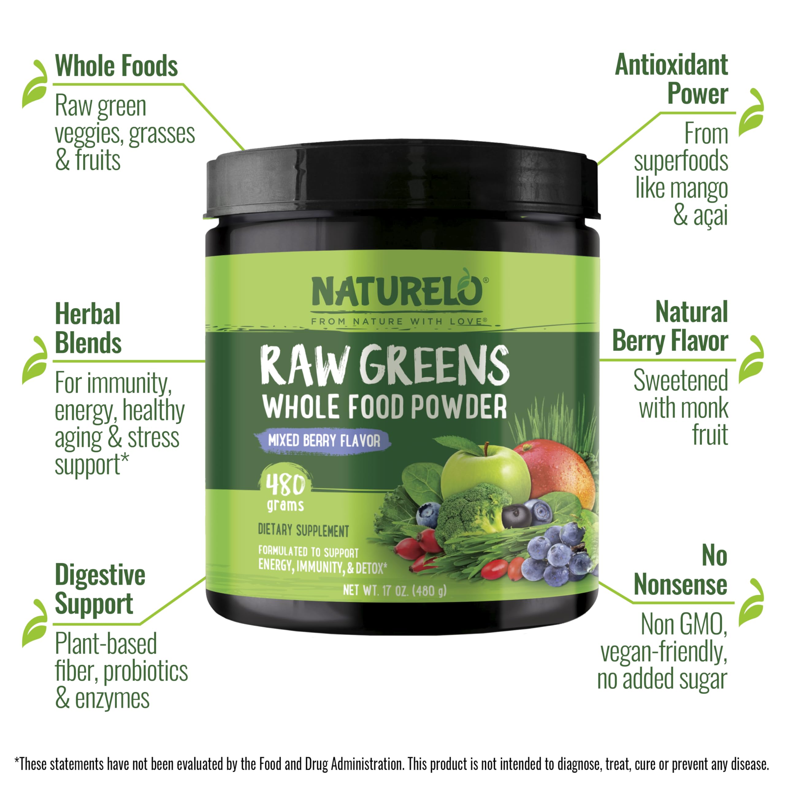 Naturelo Raw Greens powder being scooped for a quick smoothie boost