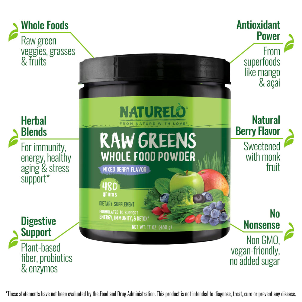 Naturelo Raw Greens powder being scooped for a quick smoothie boost