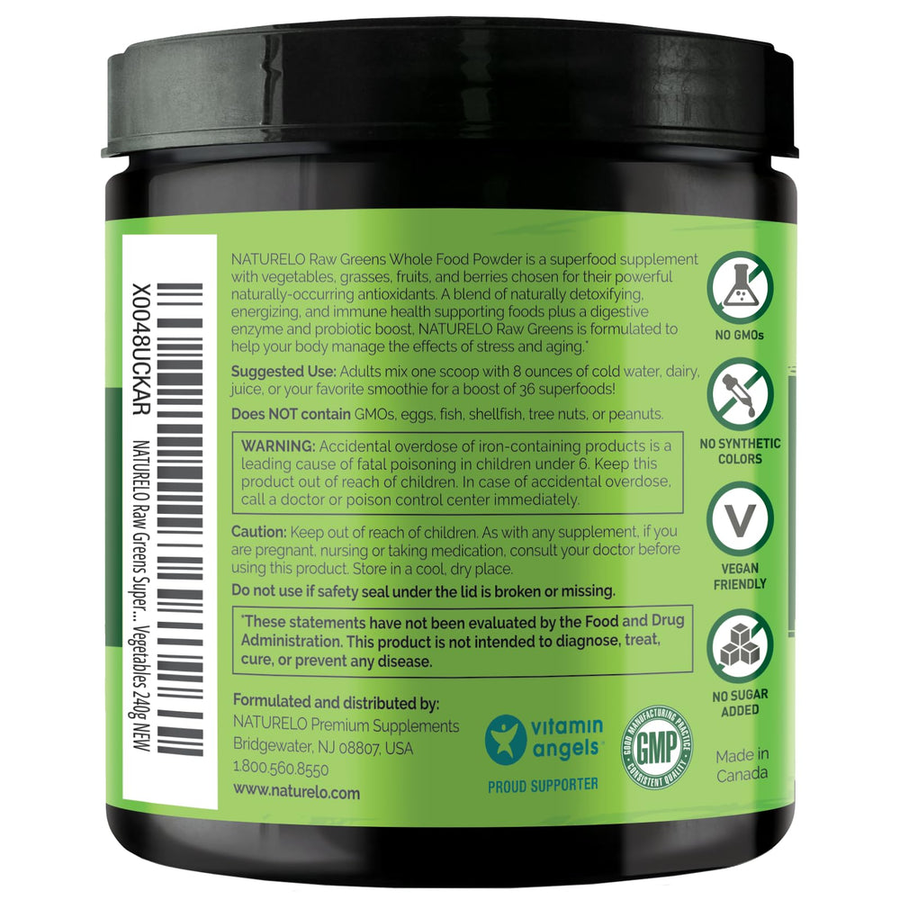 Naturelo Raw Greens packaging closeup reflects sustainable, plant-based nutrition.