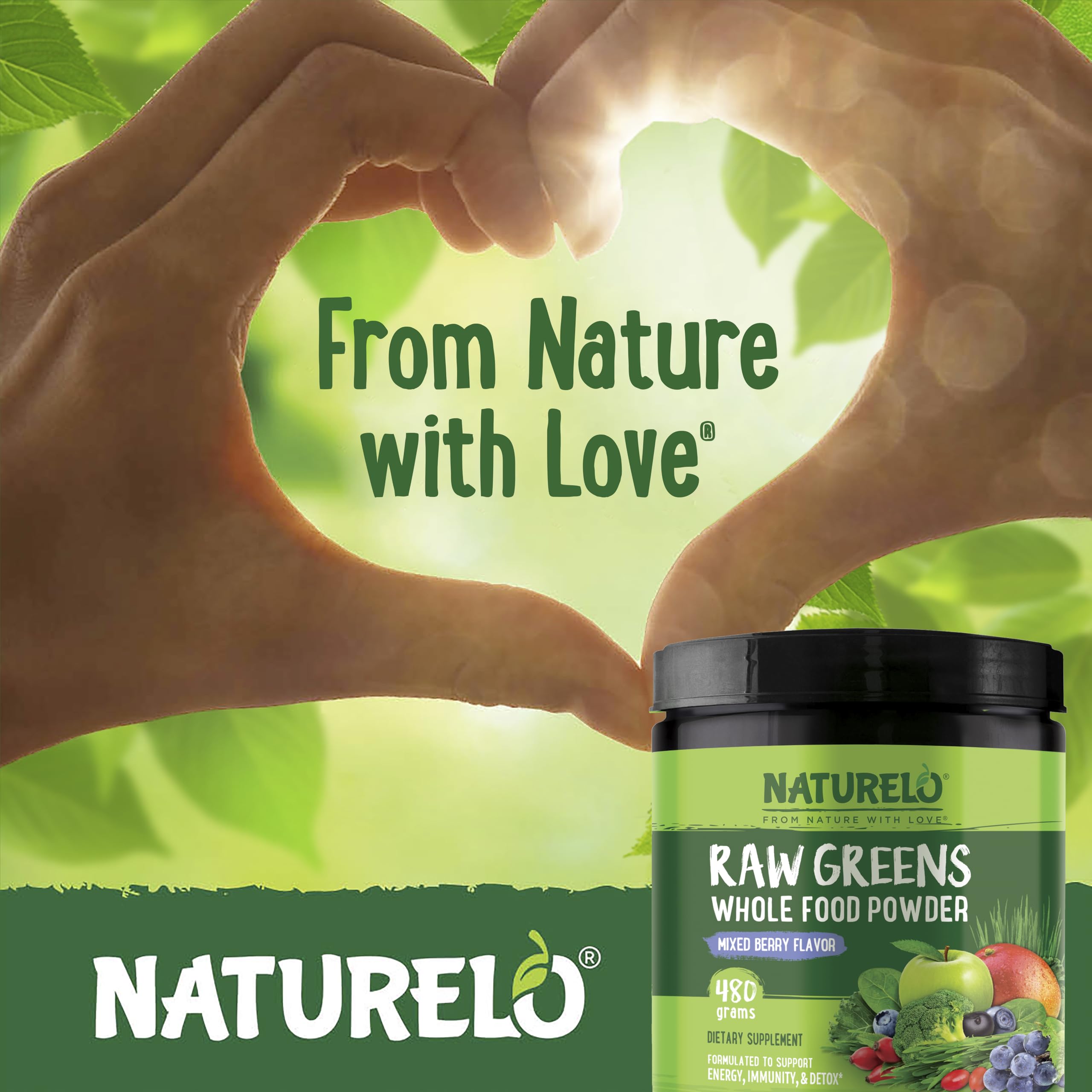 Naturelo Raw Greens packaging highlighting a 36-superfood blend for nutrition