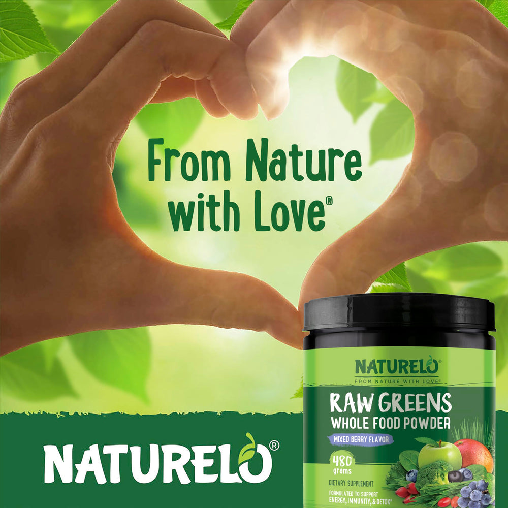 Naturelo Raw Greens packaging highlighting a 36-superfood blend for nutrition
