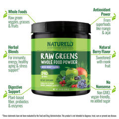 Naturelo greens powder scoop beside bottle, easy to mix into smoothies for a nutrient boost.