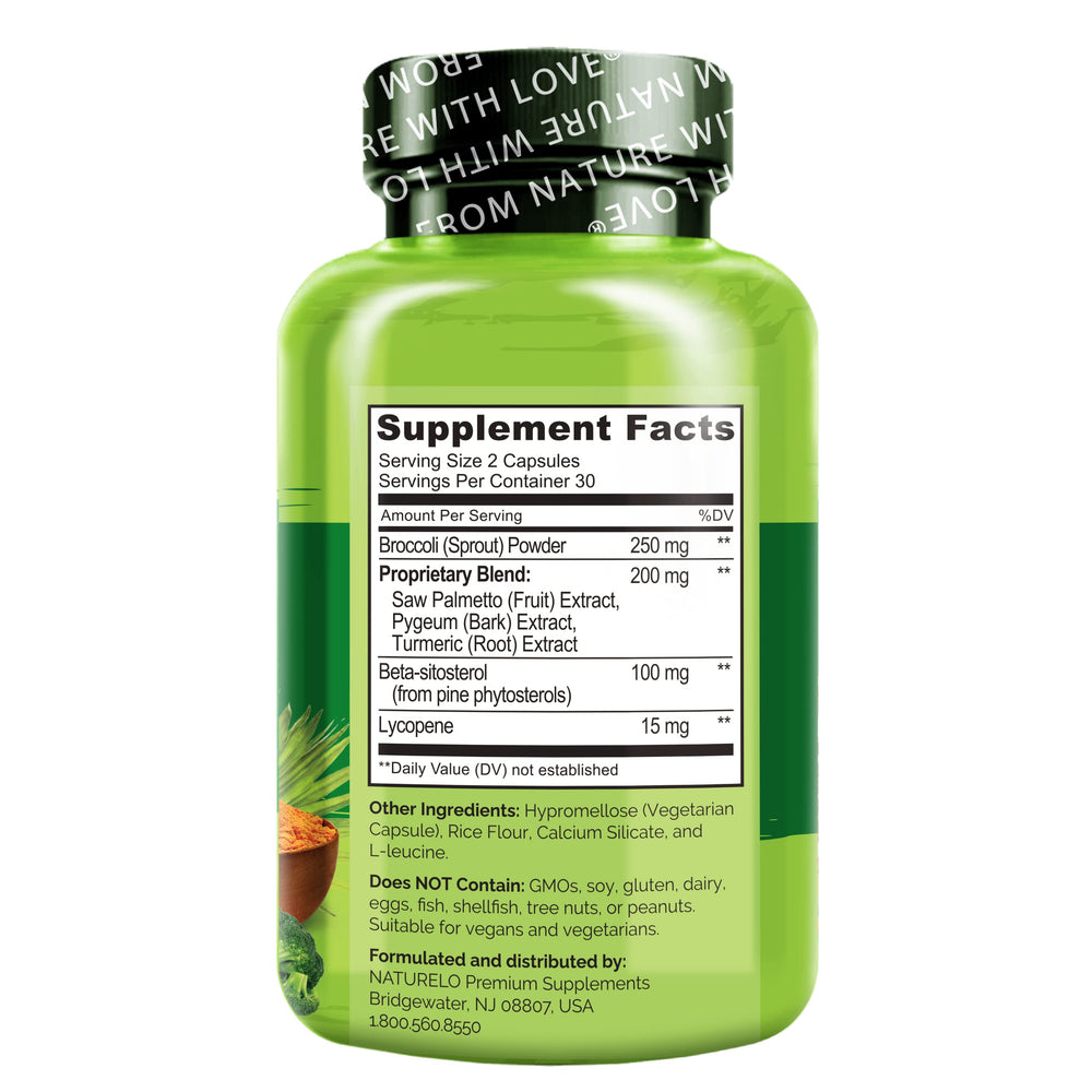 NATURELO saw palmetto ingredient bottle highlighting botanicals for urinary support.