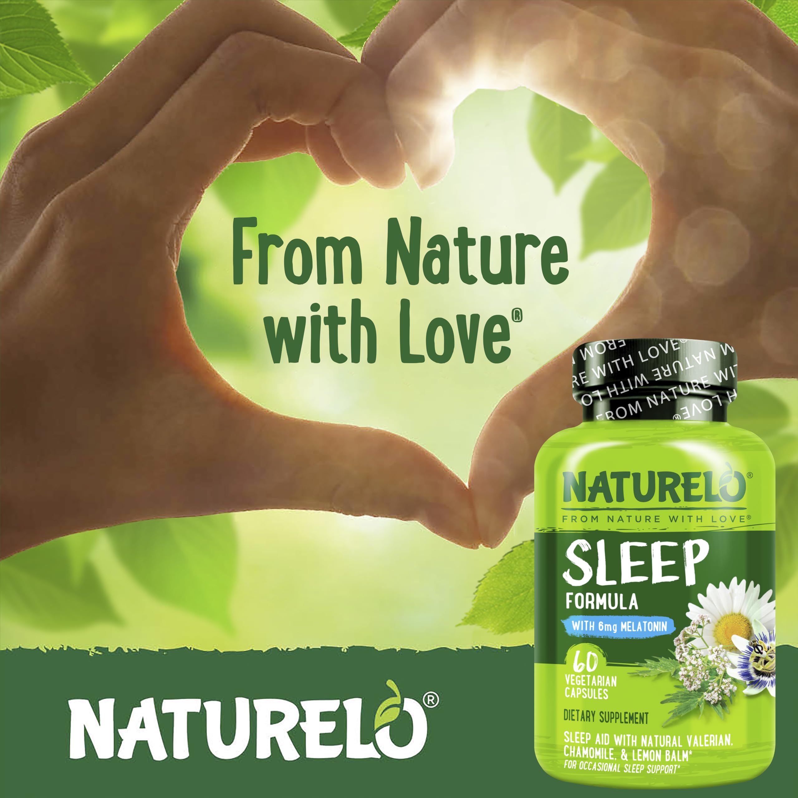 Close-up of Naturelo Sleep Aid capsules showing vegan, non-GMO formula for restful nights.