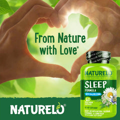Close-up of Naturelo Sleep Aid capsules showing vegan, non-GMO formula for restful nights.