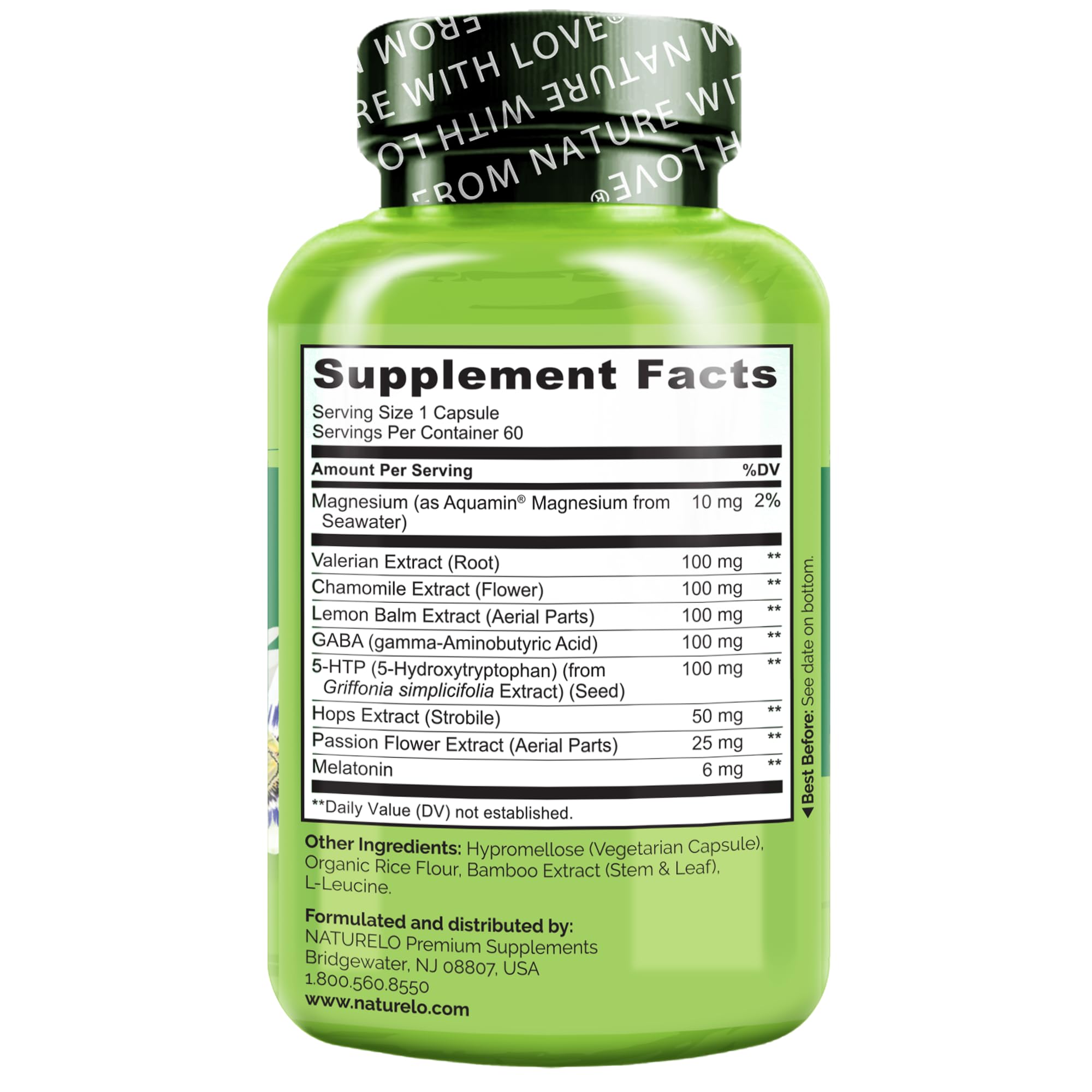 Herbal extracts from Naturelo Sleep Aid blend for gentle relaxation before bed.