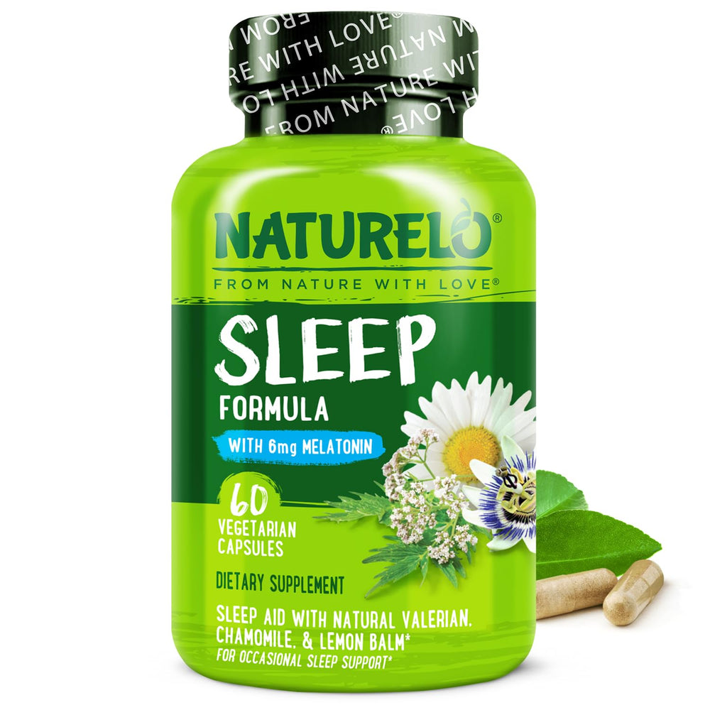 Naturelo Sleep Aid melatonin bottle promotes a calm evening routine and easier sleep.