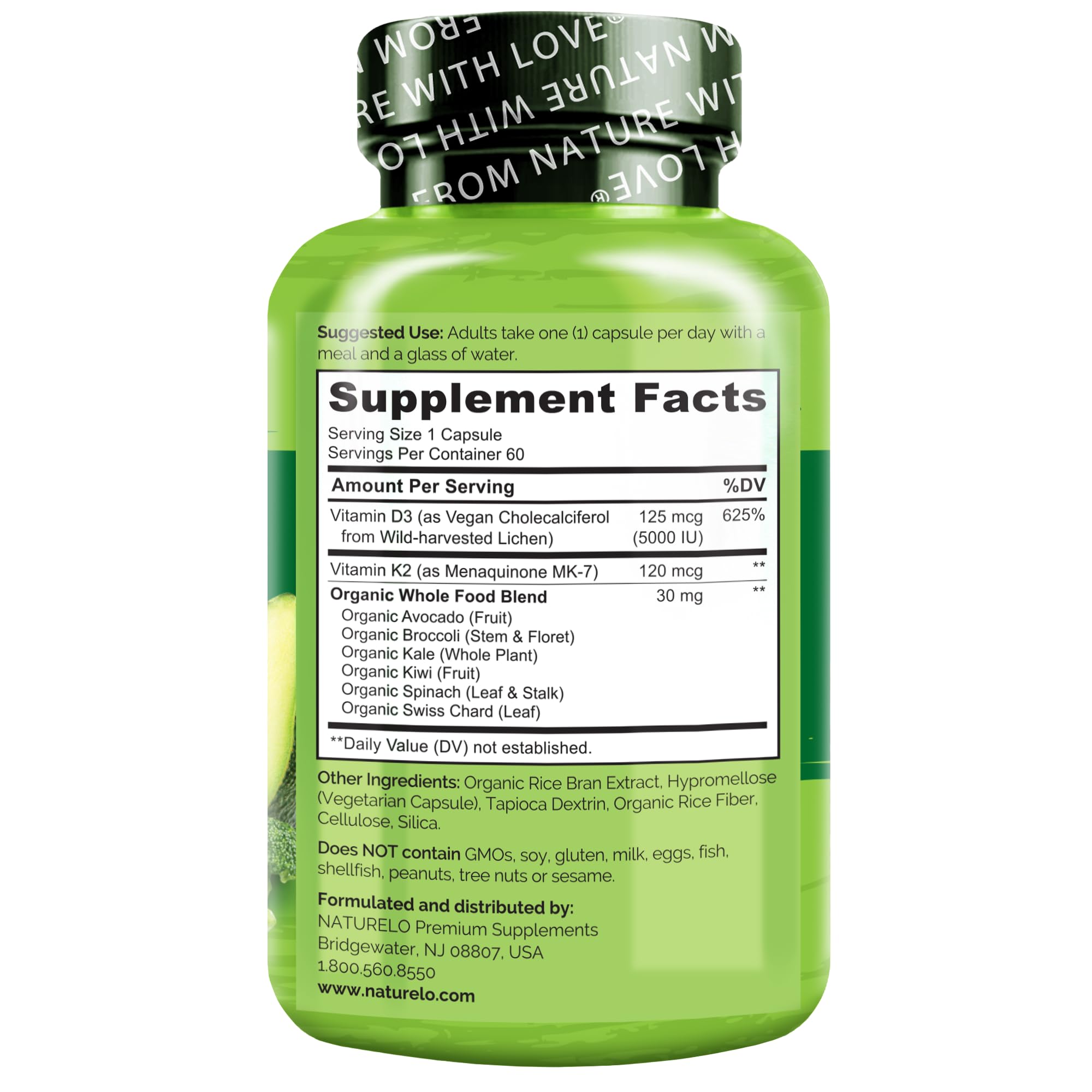 NATURELO supplement facts card illustrates everyday usage with a simple routine.