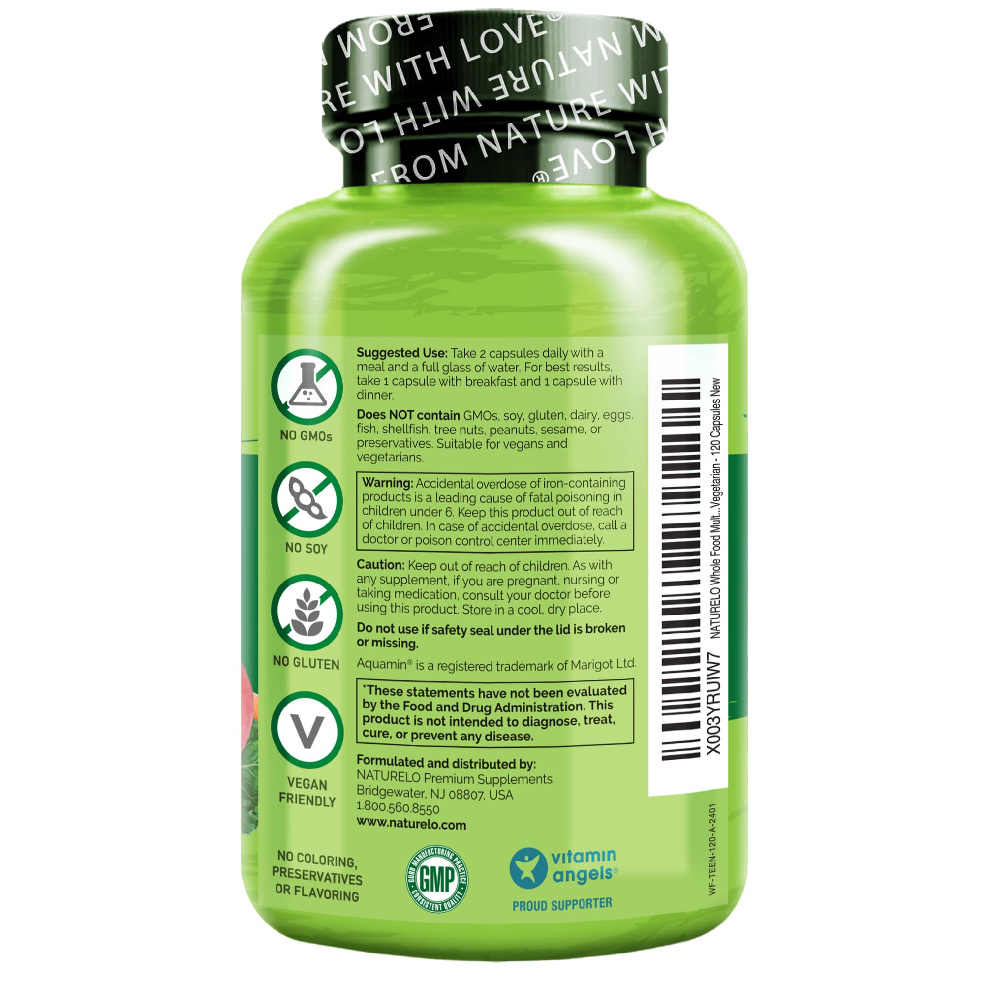 Naturelo Teen Multivitamin bottle back label detailing natural sources