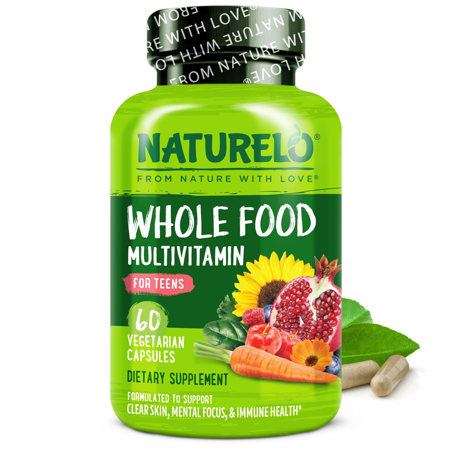 Naturelo teen multivitamin bottle front showing plant-based nutrients for teen growth.