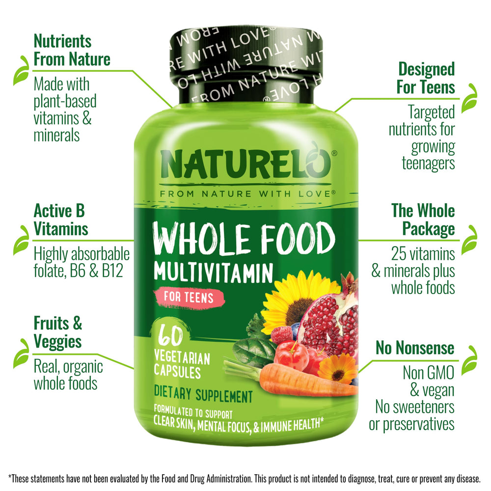 Naturelo teen bottle side label highlighting non-GMO vegan formula.