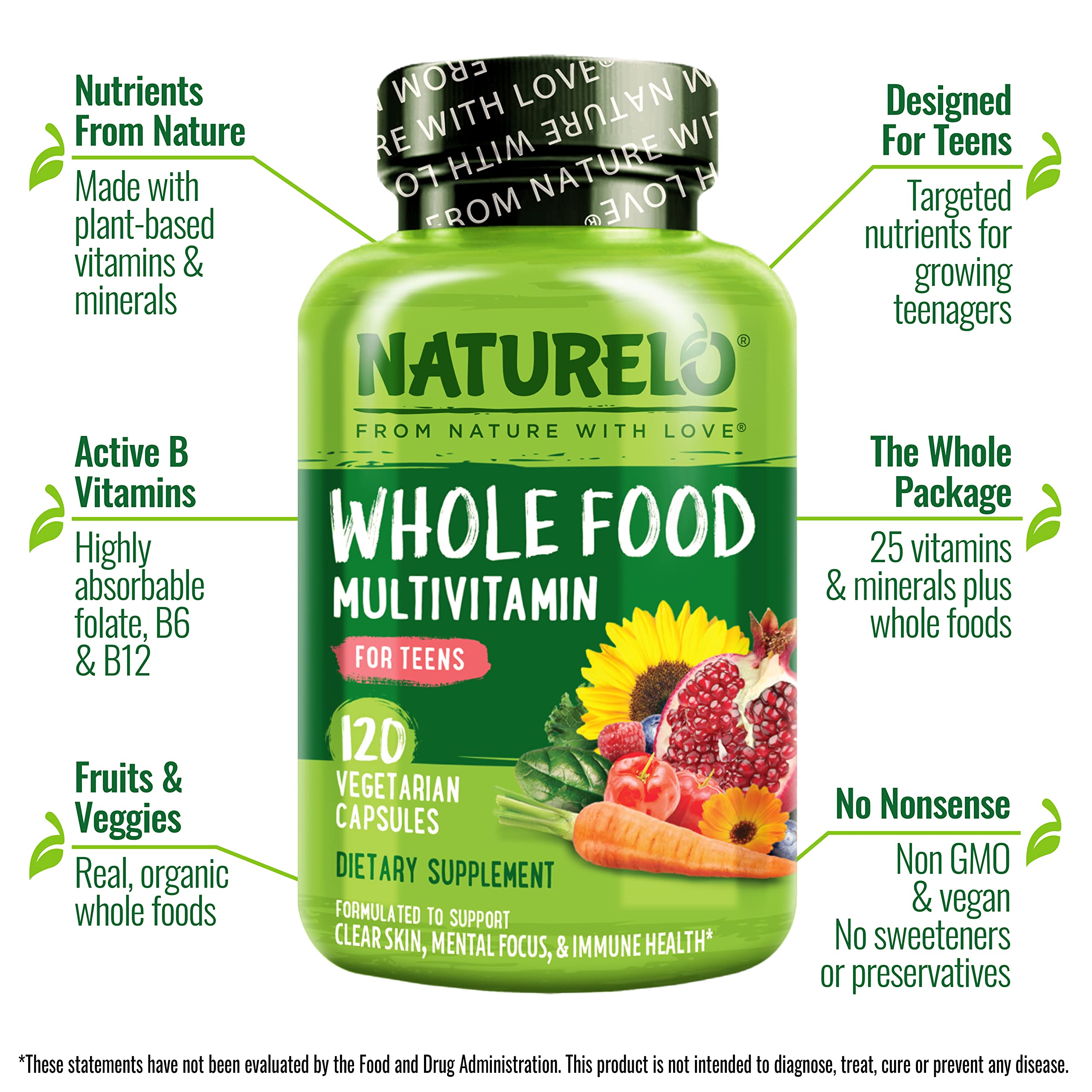 Naturelo Teen Multivitamin bottle side view highlighting vegan-friendly formula