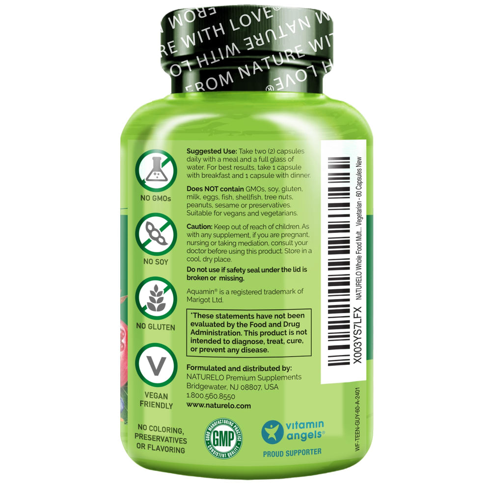 Whole-food fruits and vegetables concept in NATURELO Teen Multivitamin.