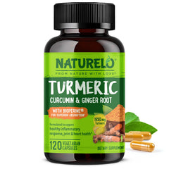 NATURELO turmeric curcumin bottle label highlights plant-based joint support