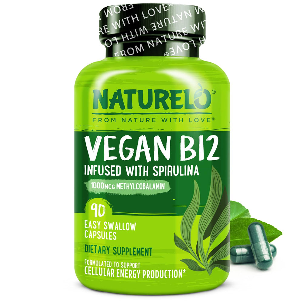 Naturelo Vegan B12 bottle-front highlights a vegan, high-potency supplement for energy support.