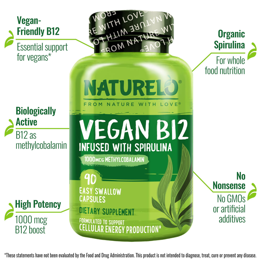 Naturelo Vegan B12 bottle-label presents 1000 mcg methylcobalamin with organic spirulina.