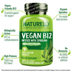 Naturelo Vegan B12 bottle-label presents 1000 mcg methylcobalamin with organic spirulina.