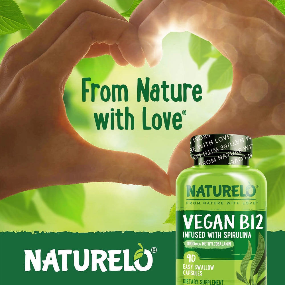 Naturelo Vegan B12 gluten-free icon emphasizes allergy-friendly, vegan supplement choices.
