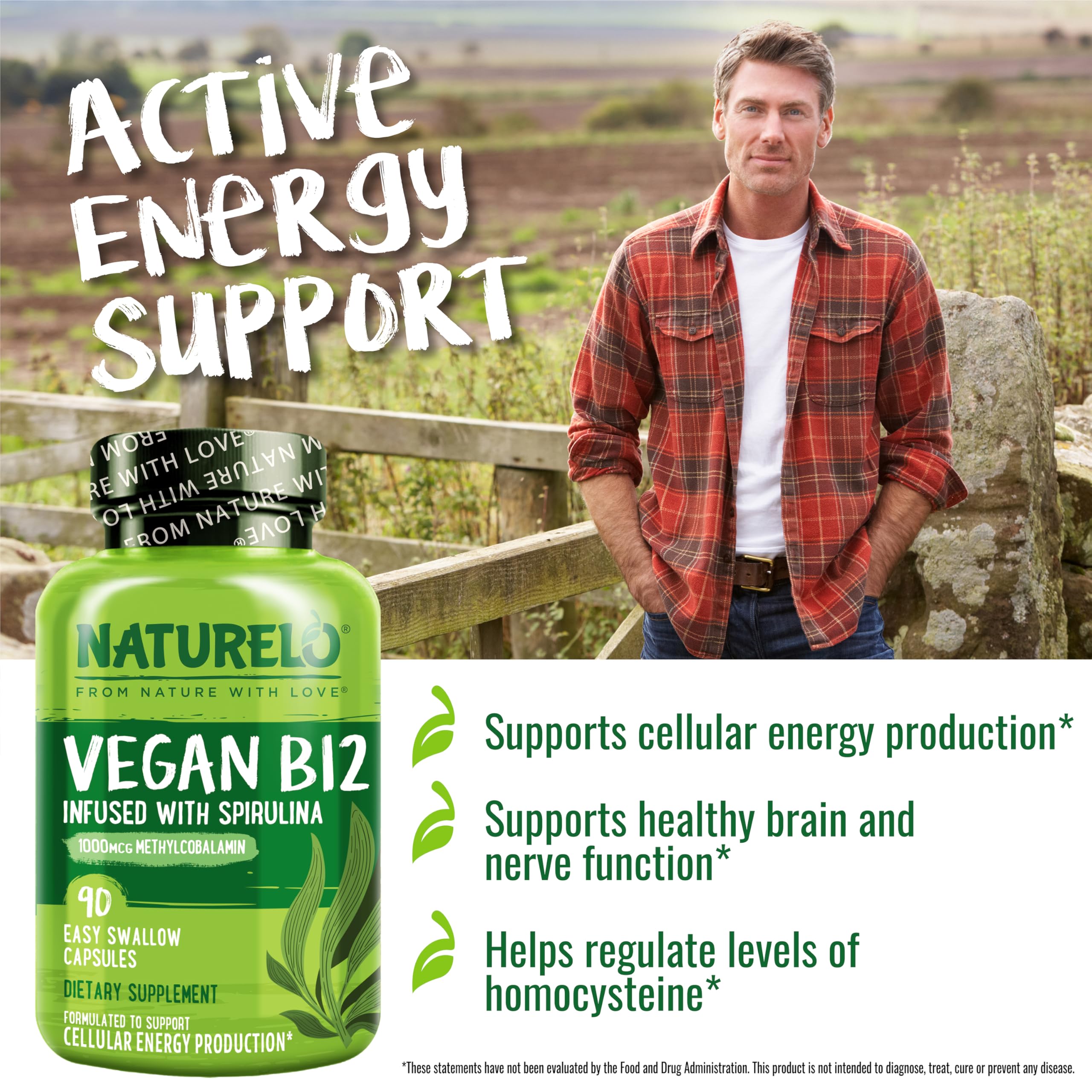 Naturelo Vegan B12 Non-GMO badge signals clean, plant-based sourcing.