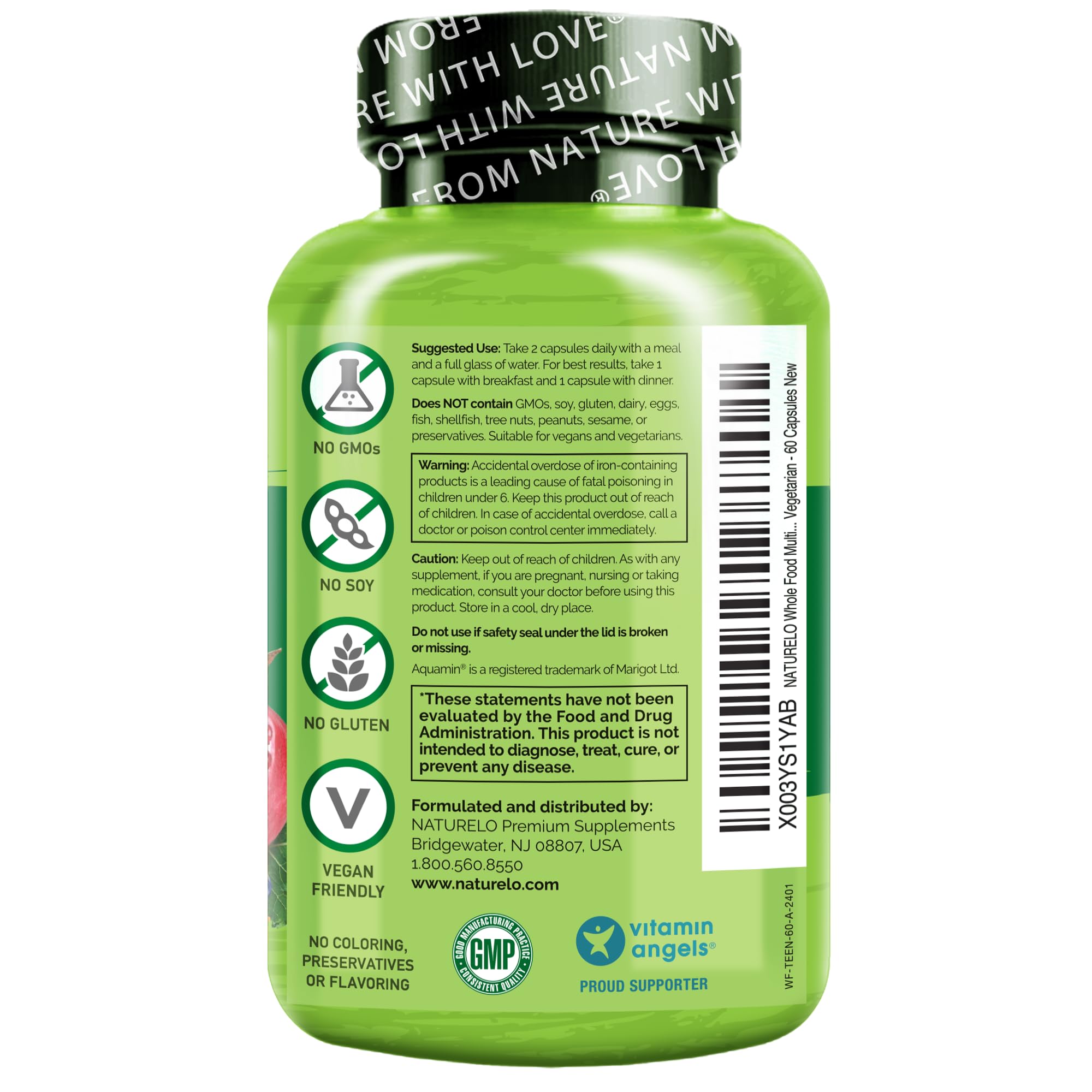 Non-GMO vegan clean-label seal on Naturelo teen multivitamin.