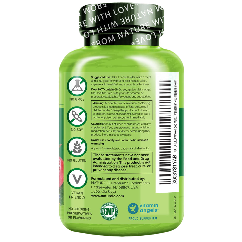 Non-GMO vegan clean-label seal on Naturelo teen multivitamin.