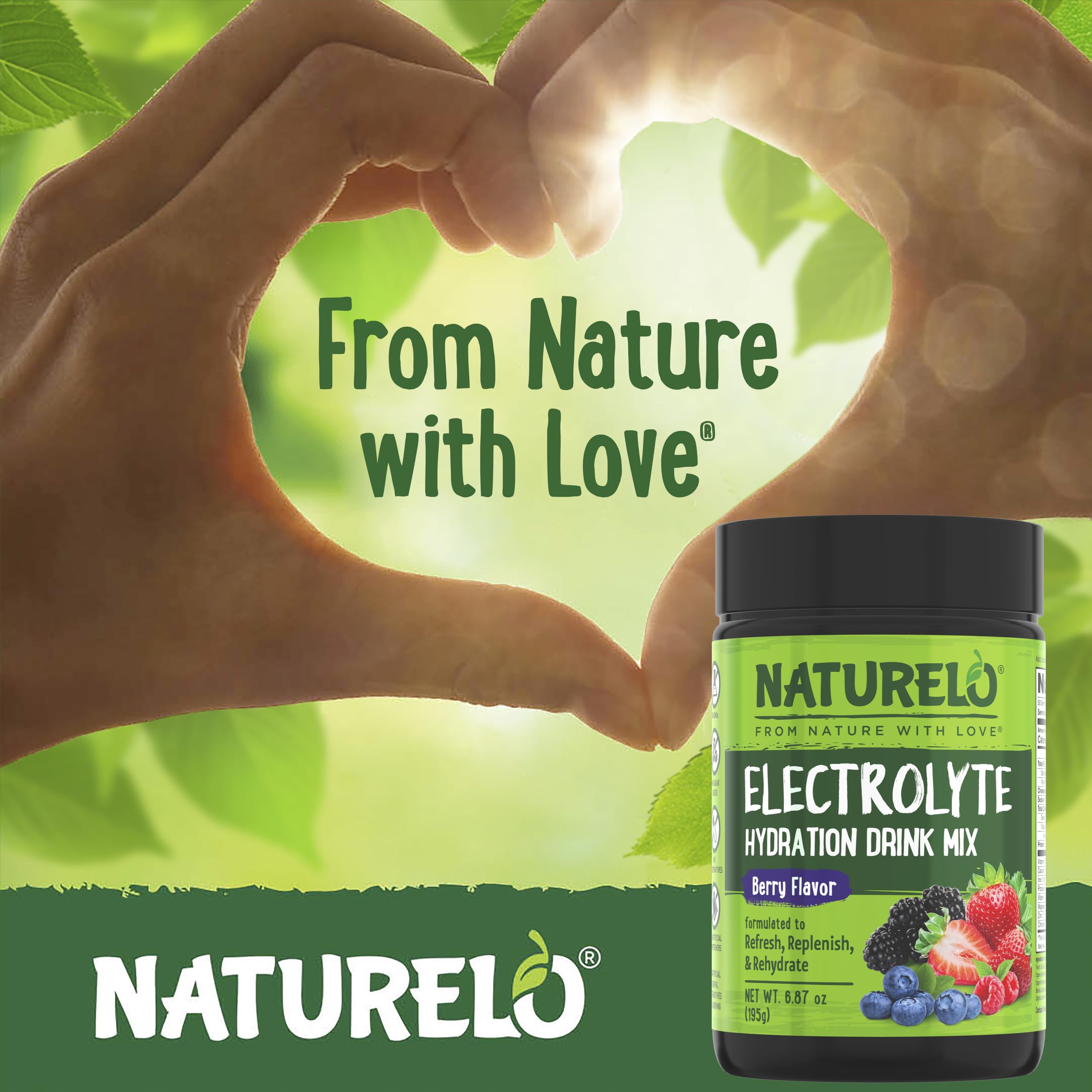 Naturelo vegan-friendly packaging indicating dairy-free electrolyte support.