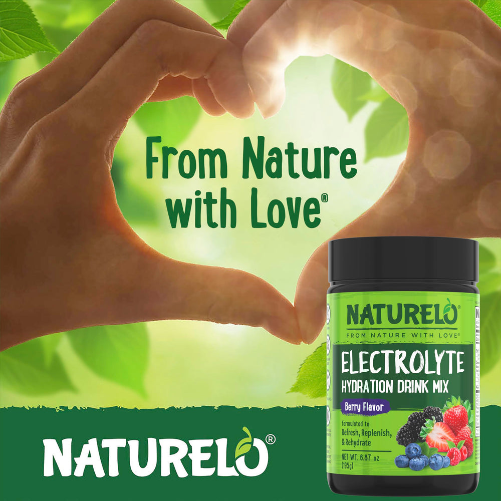 Naturelo vegan-friendly packaging indicating dairy-free electrolyte support.